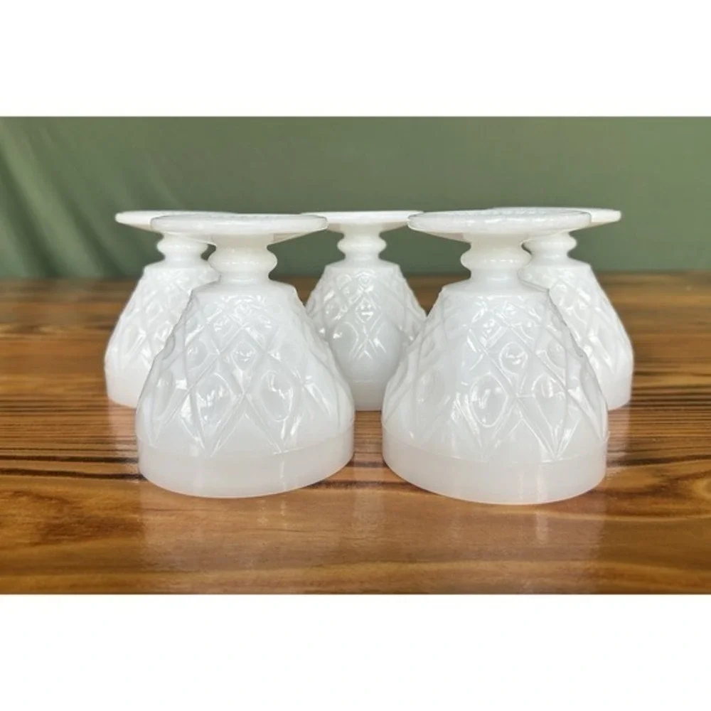 5-PC‎ Milk Glass Footed Drinking Goblet Cups Diamond Geometric 3D Design